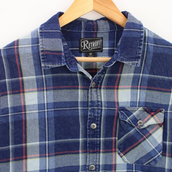 Retrofit Shirt Mens Blue Plaid Button Down Long Sleeve Collared Cotton Sz M - Picture 5 of 9